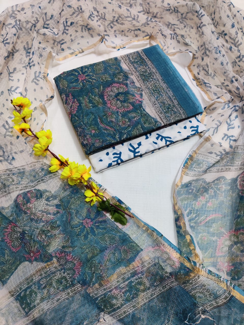 KD-HBPRINT-3PC-016: Hand Block Print Kota Doria Suit Set with Dupatta & Cotton Bottom – Traditional 3-Piece Suit