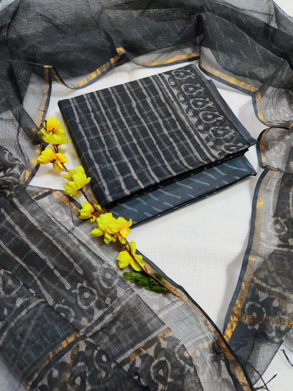 KD-HBPRINT-3PC-011: Hand Block Print Kota Doria Suit Set with Dupatta & Cotton Bottom – Traditional 3-Piece Suit