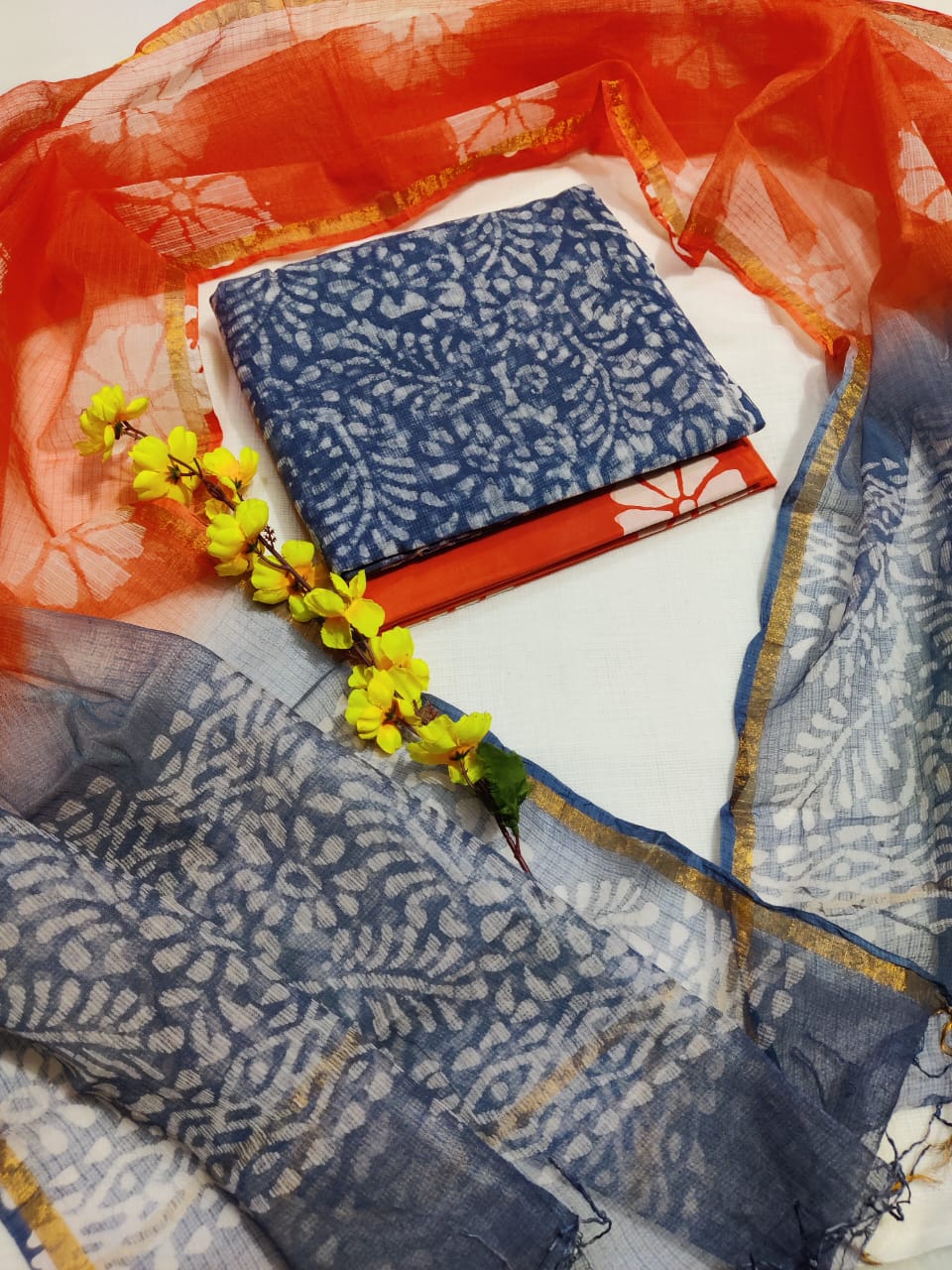 KD-HBPRINT-3PC-012: Hand Block Print Kota Doria Suit Set with Dupatta & Cotton Bottom – Traditional 3-Piece Suit