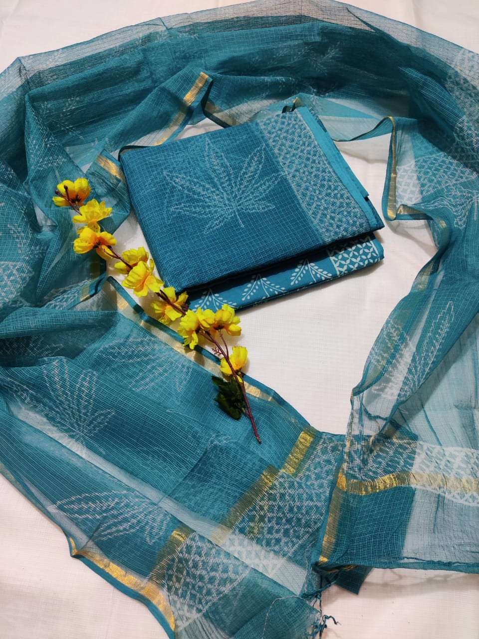 KD-HBPRINT-3PC-009: Hand Block Print Kota Doria Suit Set with Dupatta & Cotton Bottom – Traditional 3-Piece Suit