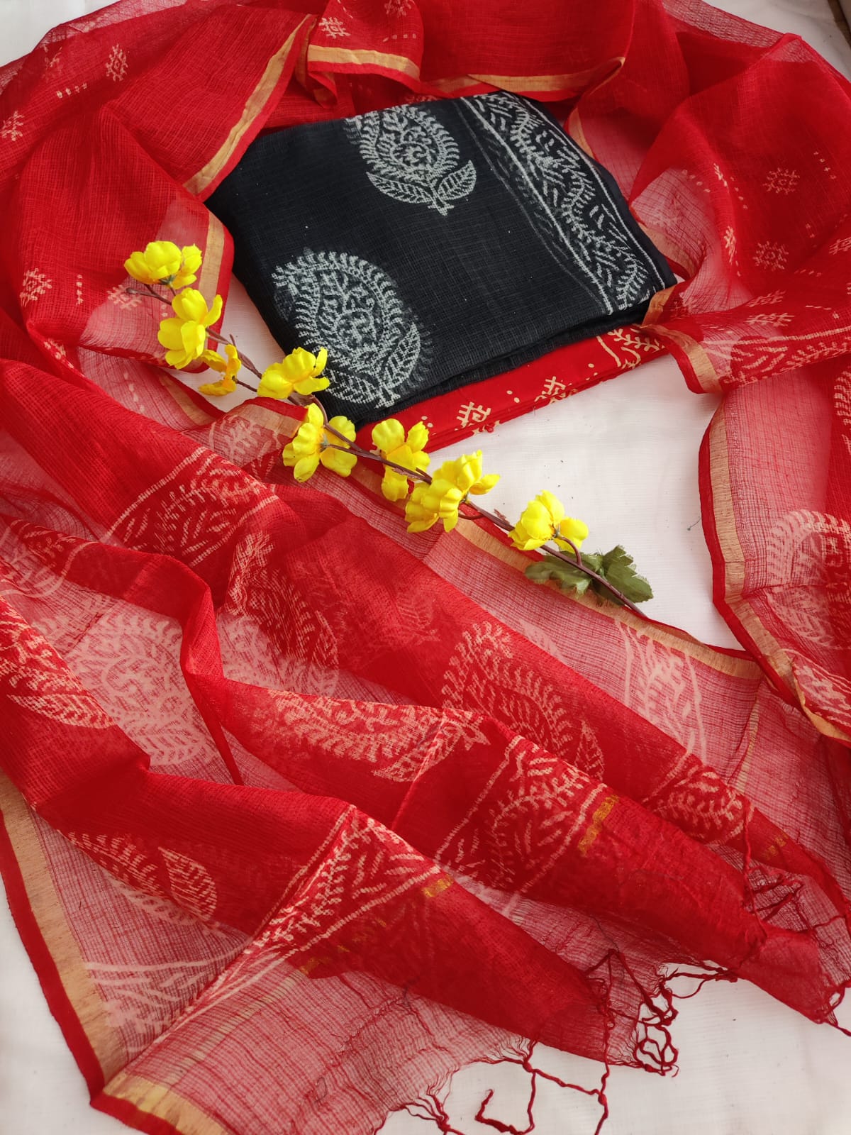 KD-HBPRINT-3PC-005: Hand Block Print Kota Doria Suit Set with Dupatta & Cotton Bottom – Traditional 3-Piece Suit