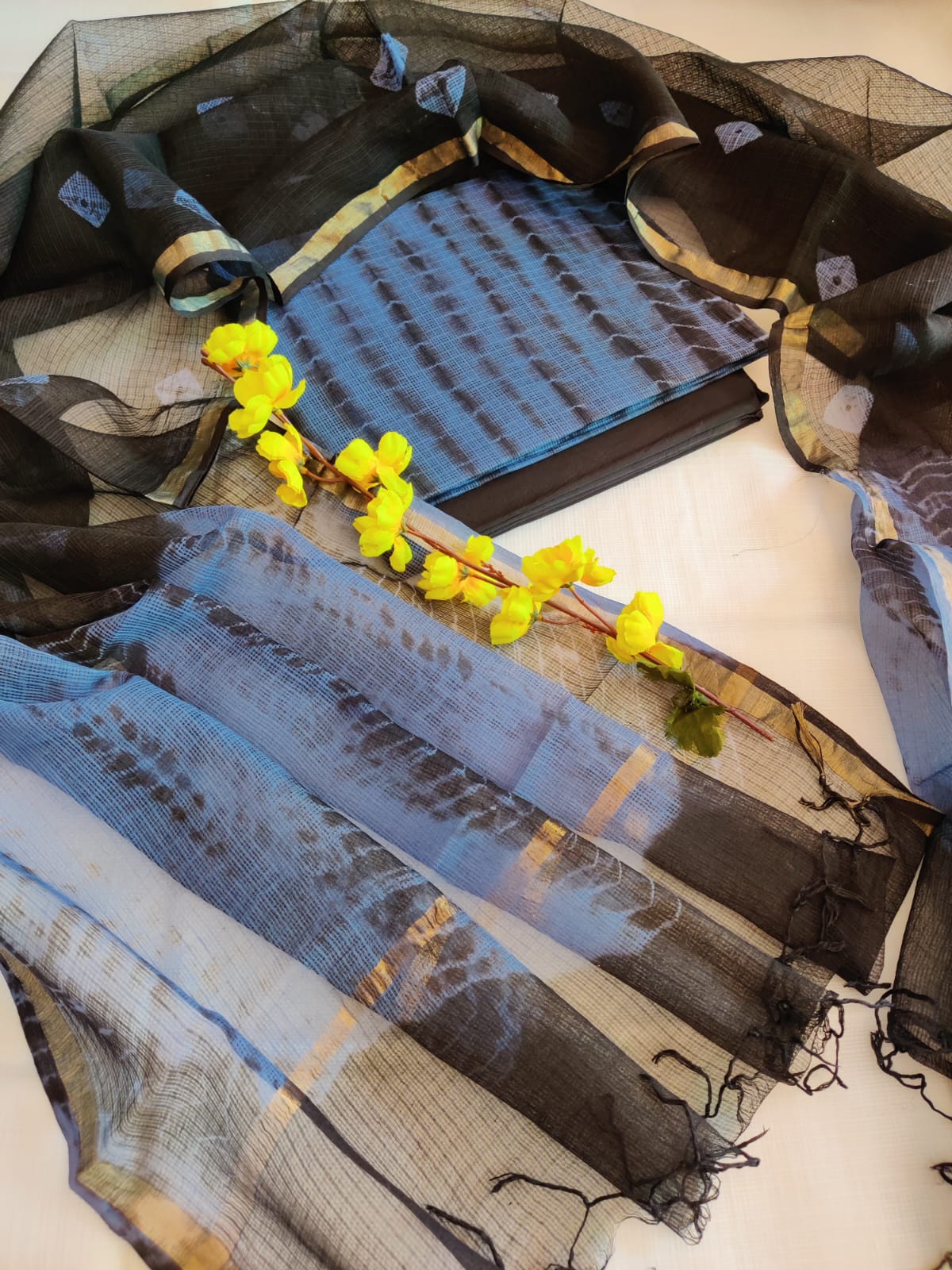 KD-HBPRINT-3PC-001: Hand Block Print Kota Doria Suit Set with Dupatta & Cotton Bottom – Traditional 3-Piece Suit