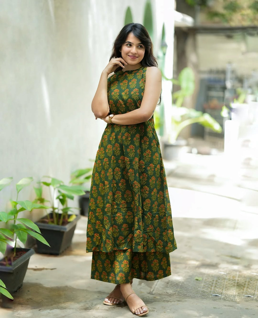 KP-1003: Premium Cotton Halter-Neck Kurta Palazzo Set – Festive Printed Outfit