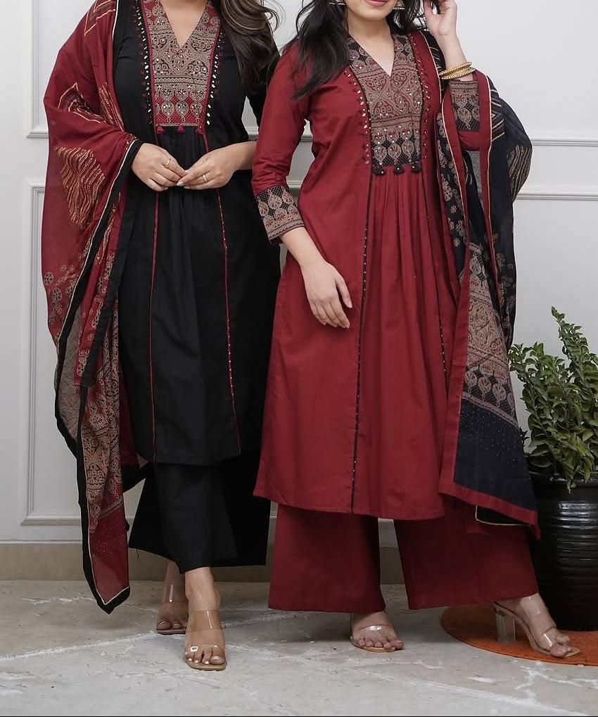 KRT-001: A-line  kurti with hand mirror work