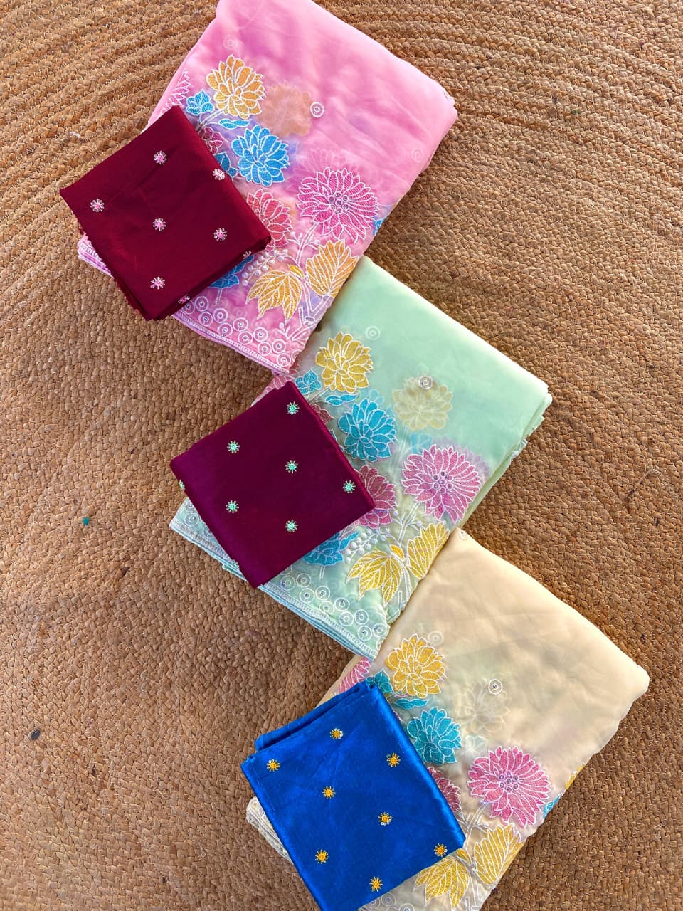 BLV-S-GC-EM-001:Pure Glass Chiffon Saree with Floral Embroidered Panel & Buttis