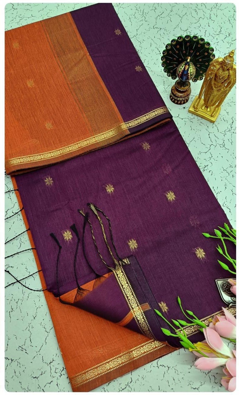MS-RUKMI: Plum Purple & Orange Maheshwari Silk Saree