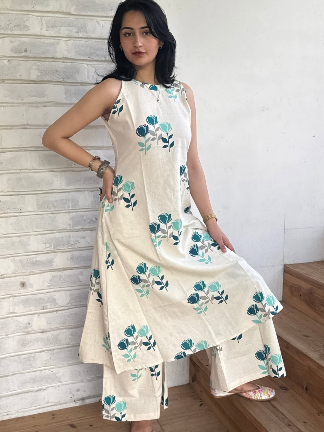 KP-1001: Premium Cotton Halter-Neck Kurta Palazzo Set – Festive Printed Outfit