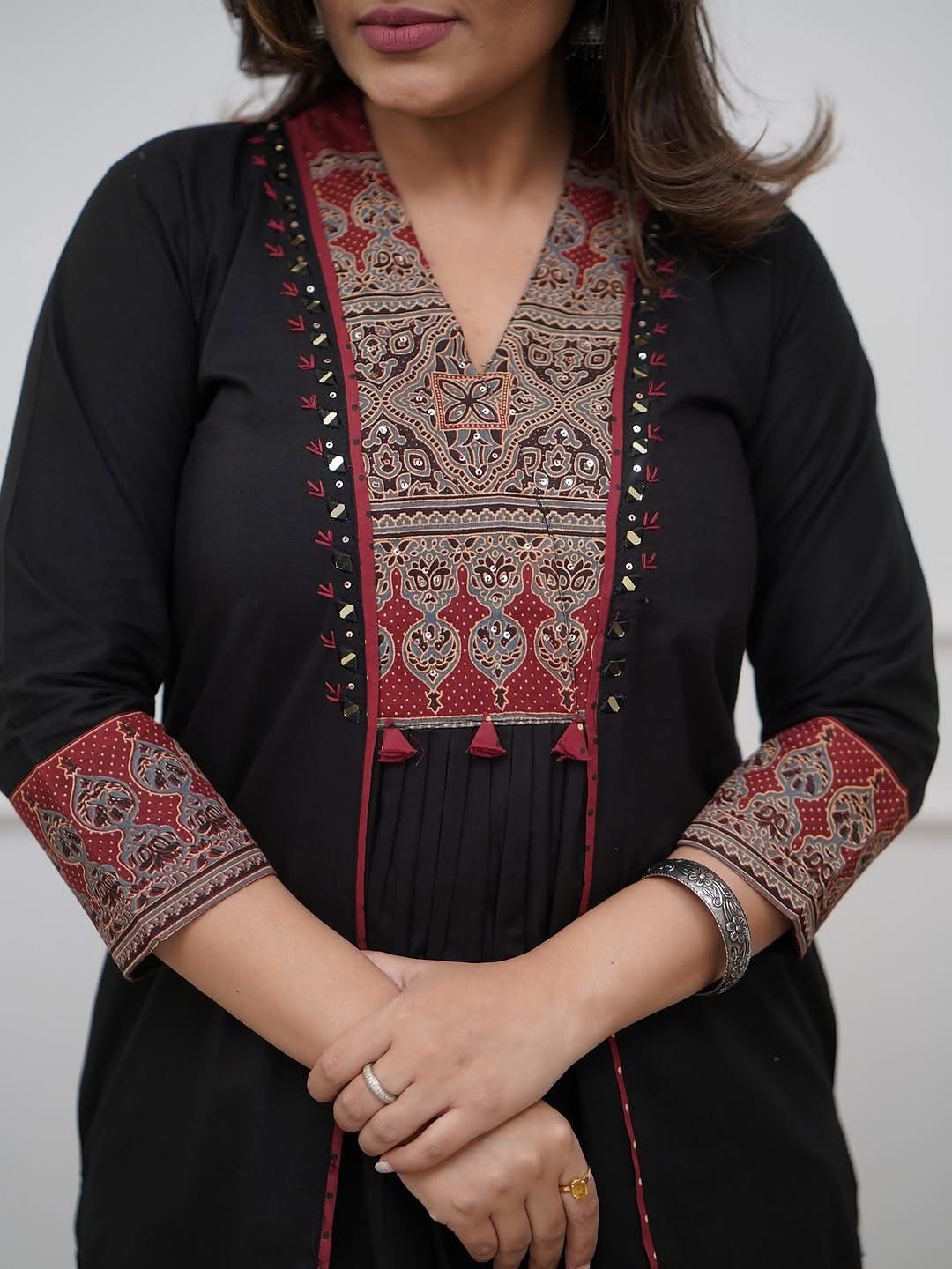 KRT-001: A-line  kurti with hand mirror work