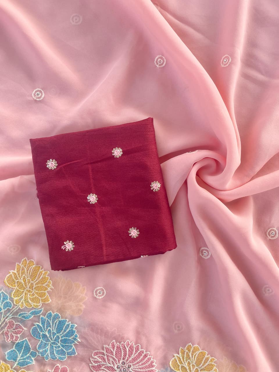 BLV-S-GC-EM-001:Pure Glass Chiffon Saree with Floral Embroidered Panel & Buttis