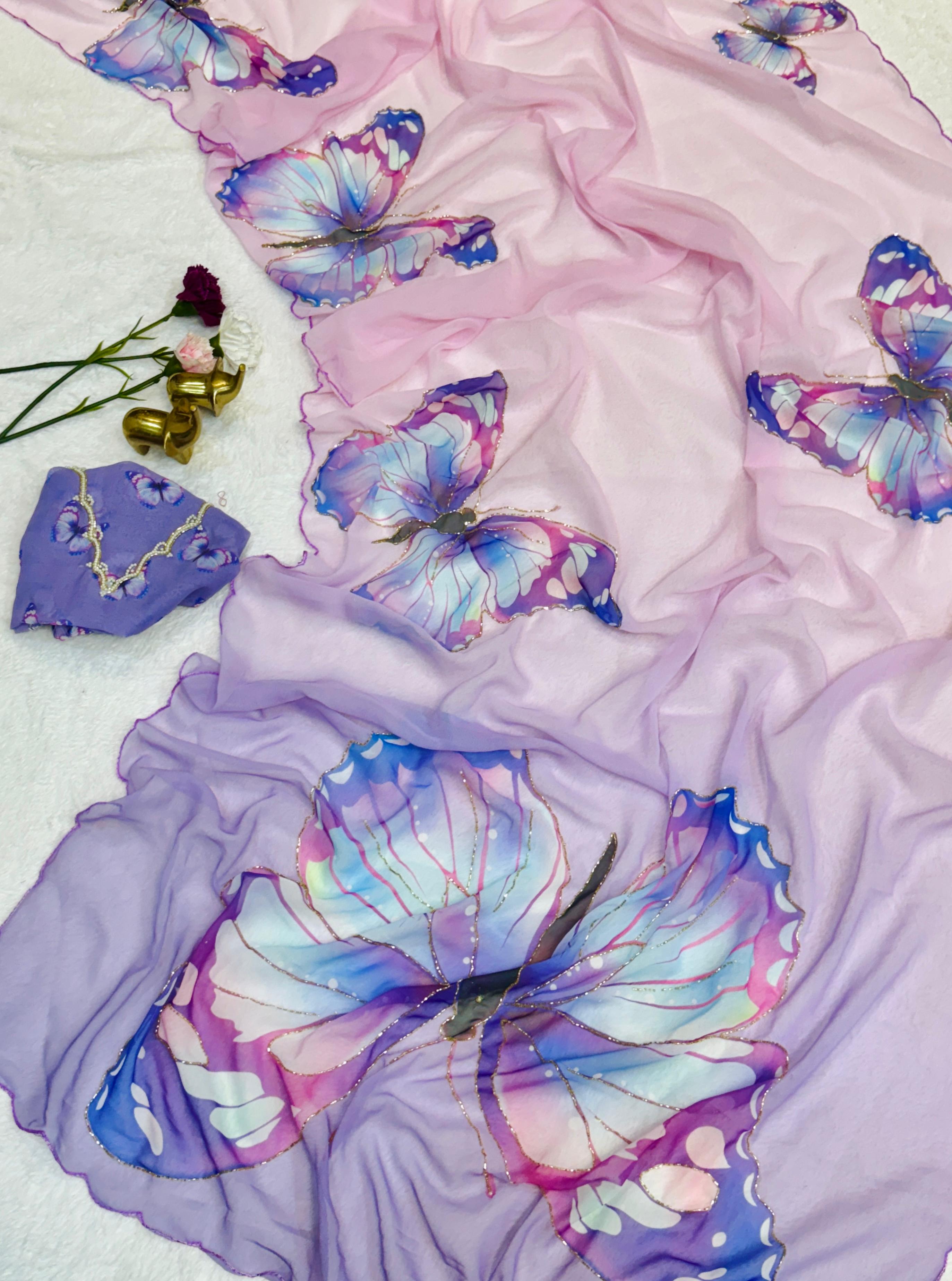 BLV-S-CH-DP-002: Soft Weightless Chiffon Saree with Floral Digital Print, Handwork & Arco Lace Border