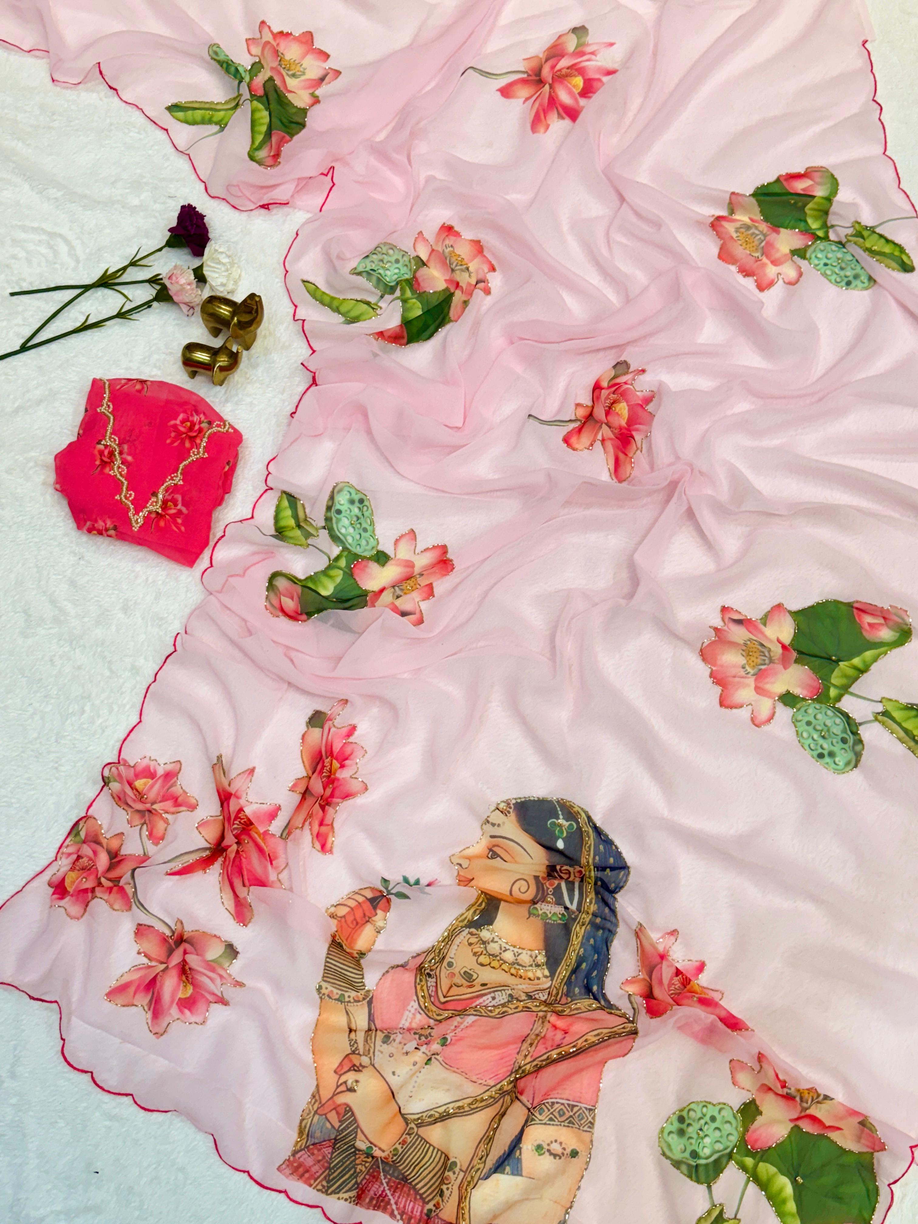 BLV-S-CH-DP-002: Soft Weightless Chiffon Saree with Floral Digital Print, Handwork & Arco Lace Border