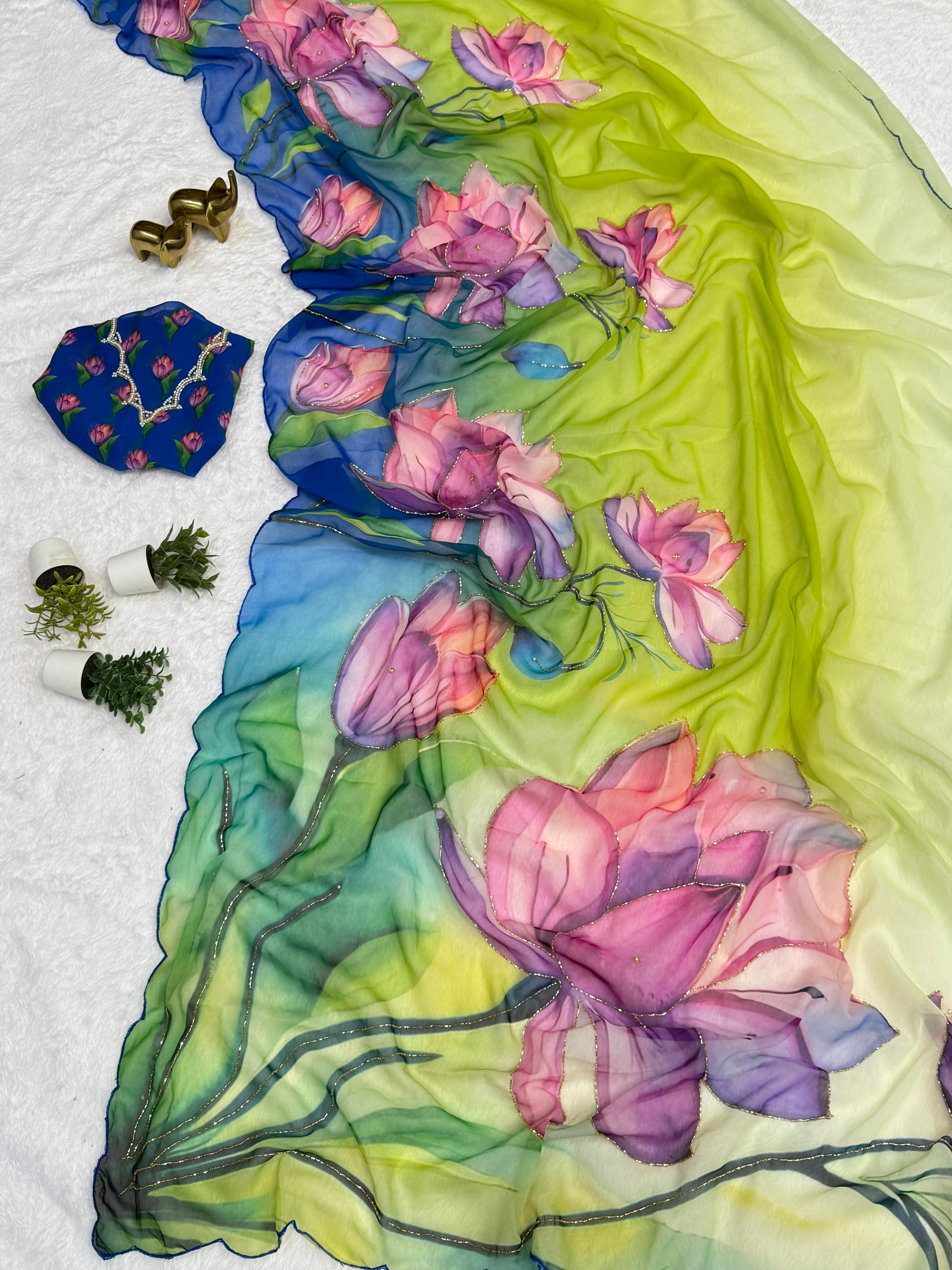 BLV-S-CH-DP-002: Soft Weightless Chiffon Saree with Floral Digital Print, Handwork & Arco Lace Border