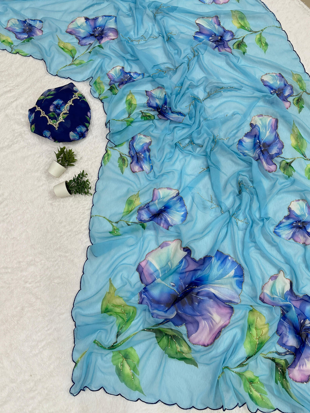 BLV-S-CH-DP-002: Soft Weightless Chiffon Saree with Floral Digital Print, Handwork & Arco Lace Border