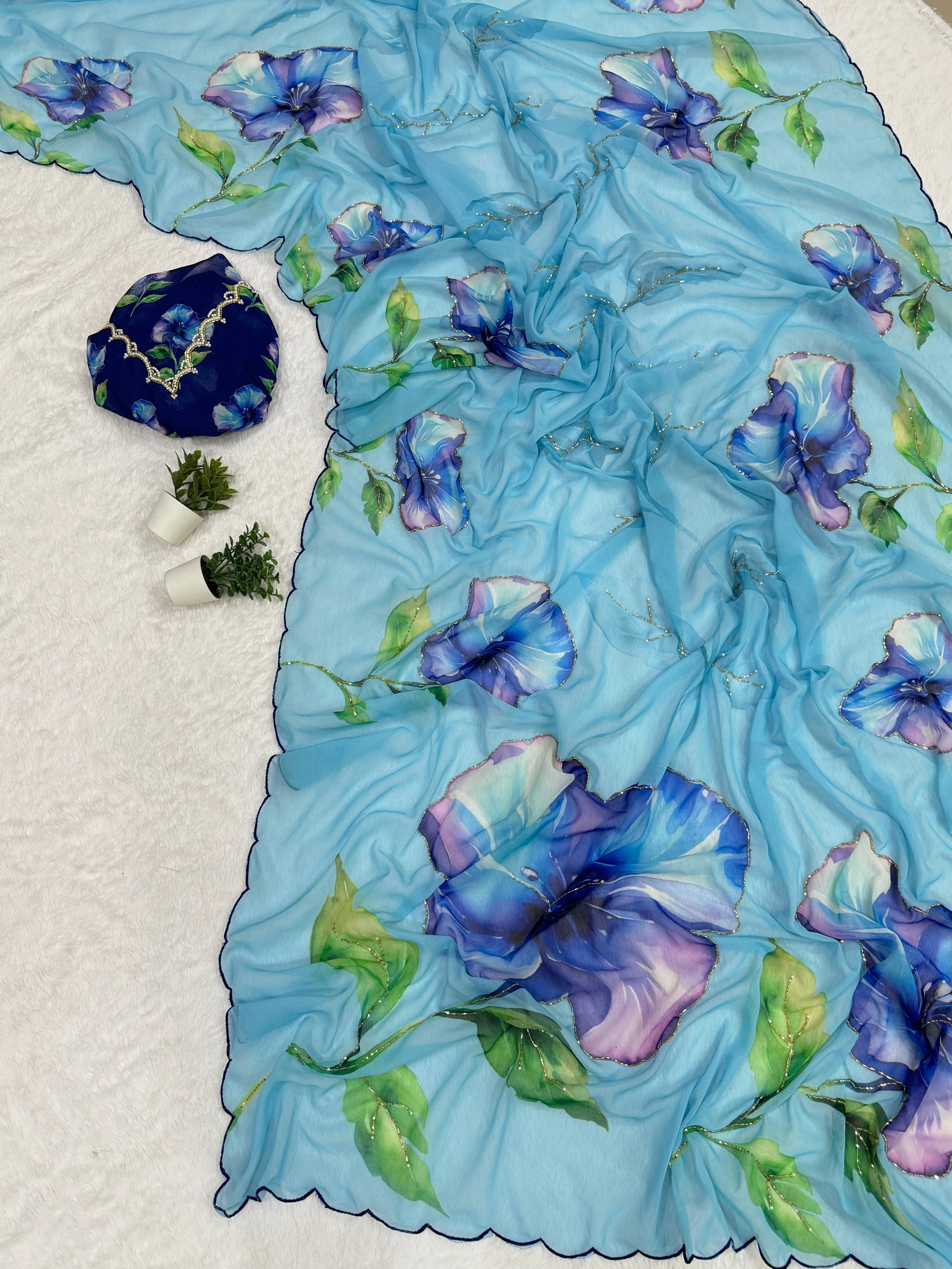 BLV-S-CH-DP-002: Soft Weightless Chiffon Saree with Floral Digital Print, Handwork & Arco Lace Border