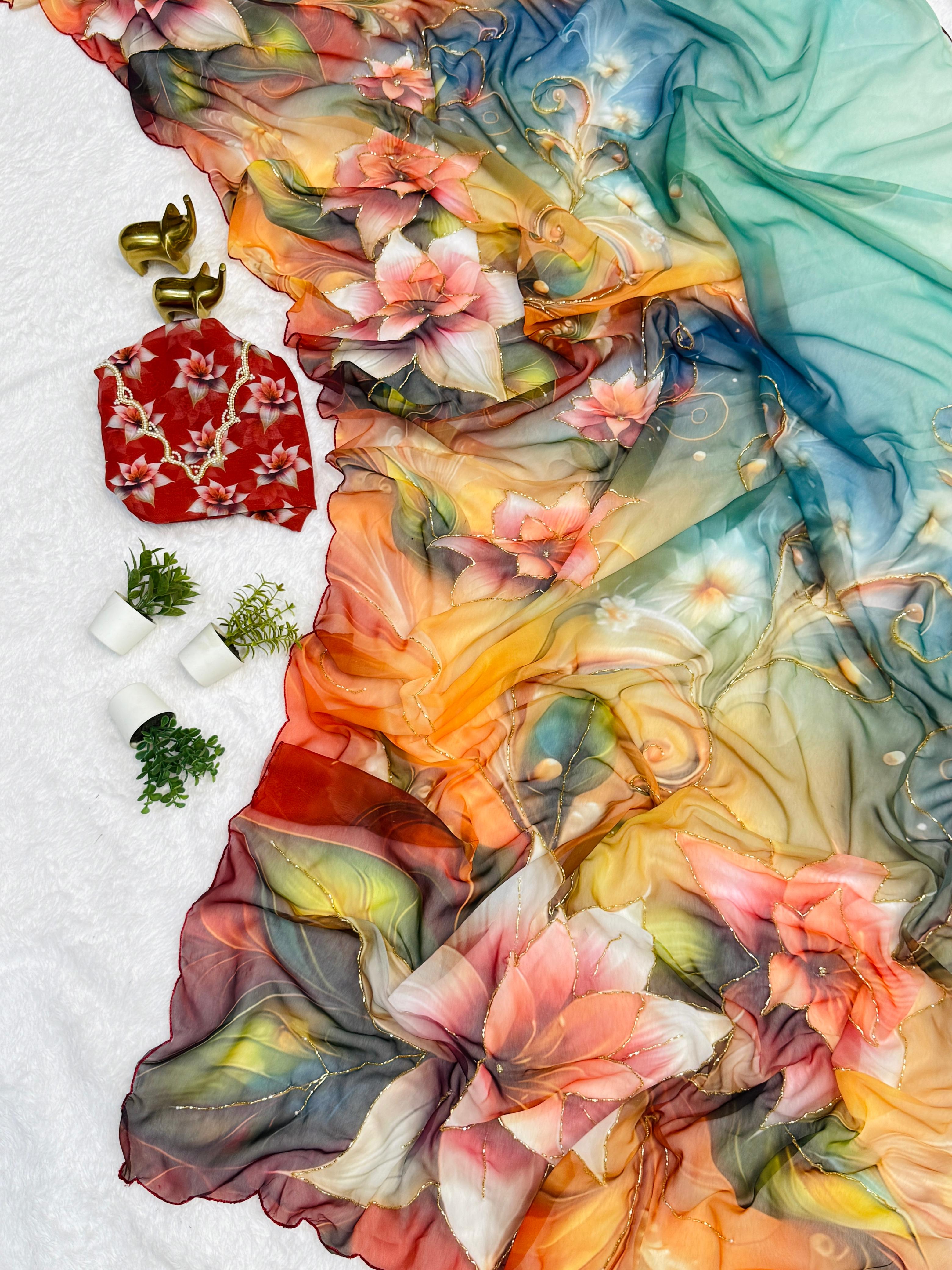 BLV-S-CH-DP-002: Soft Weightless Chiffon Saree with Floral Digital Print, Handwork & Arco Lace Border