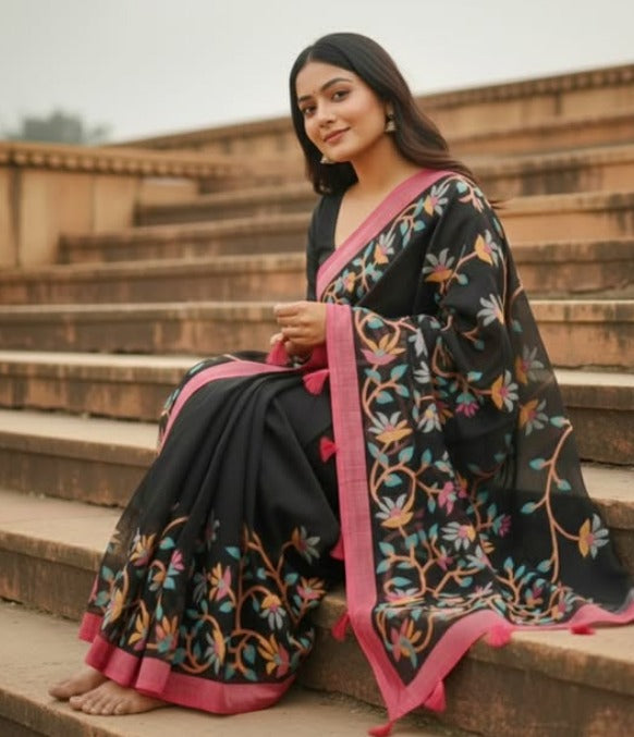 BLV-S-BR-PR-001: Branded Brasso Saree in Elegant Black with Matching Blouse